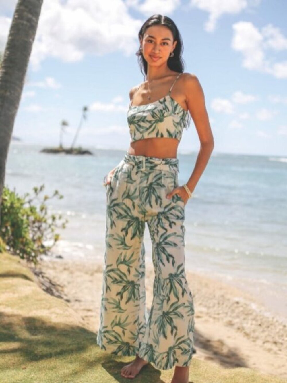 Aakaa Tropical Bra Top & High Waisted Wide Leg Pants Size Small NWT